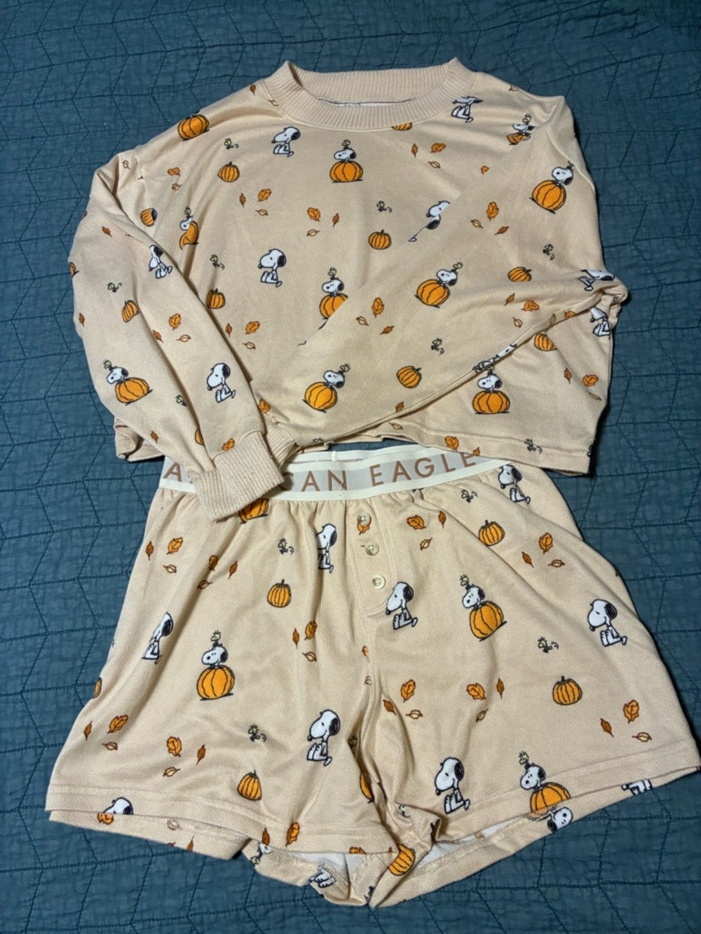American Eagle Outfitters Beige Snoopy Pumpkin Pajama Set
